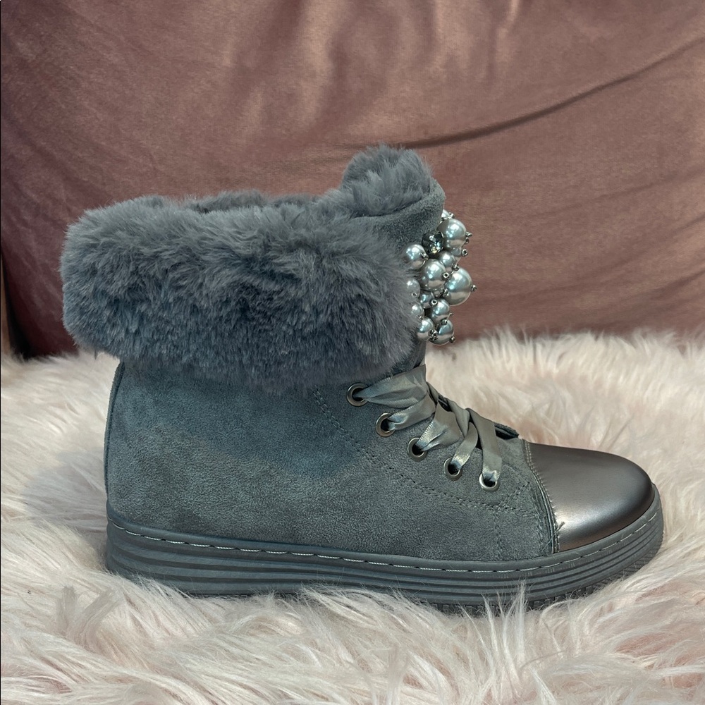 Gray Faux Fur High-Top Sneakers